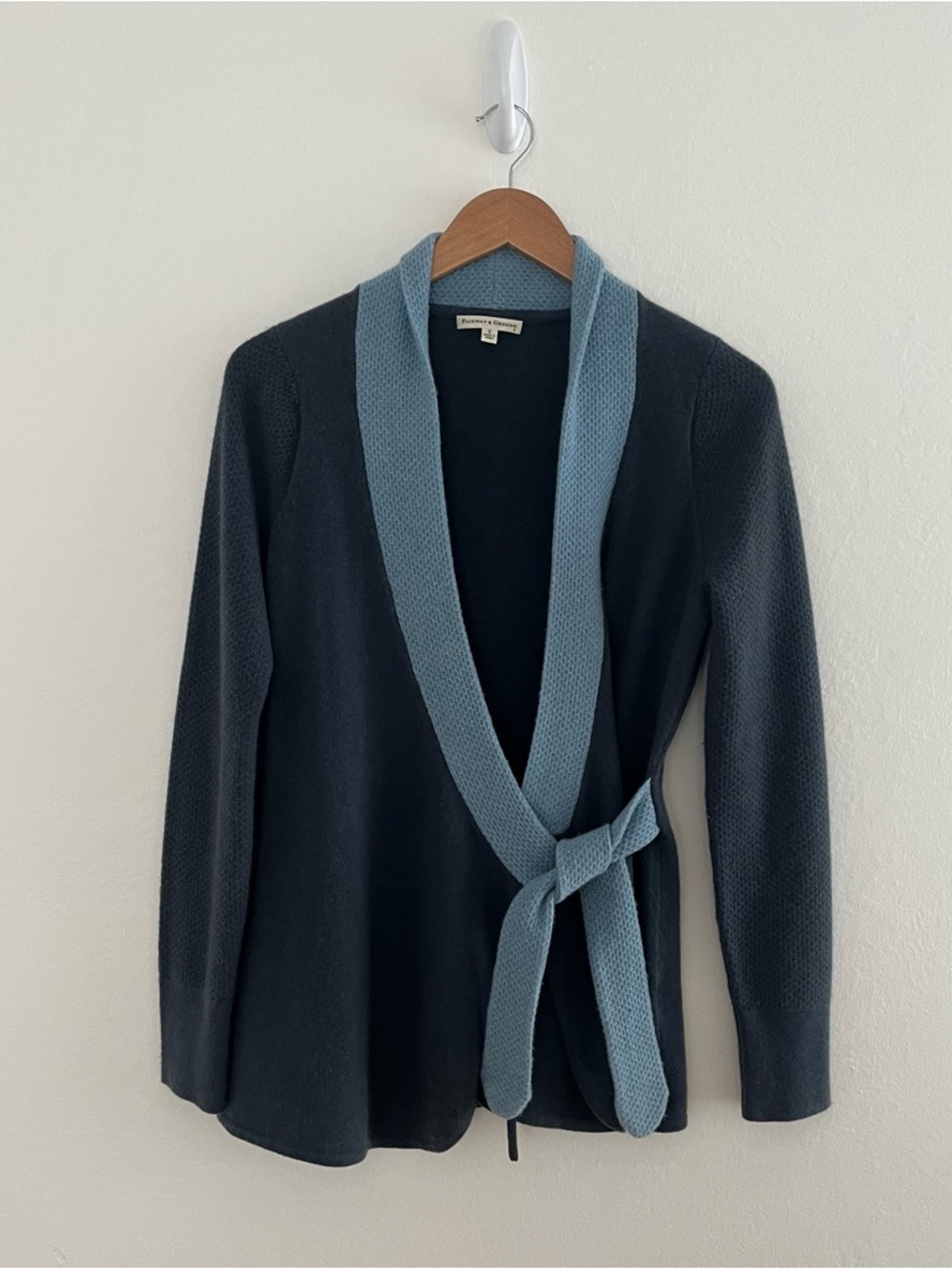 Fairway & Greene Women’s Cardigan Cashmere Sweater S Wrap Tie Knit Blue Preppy